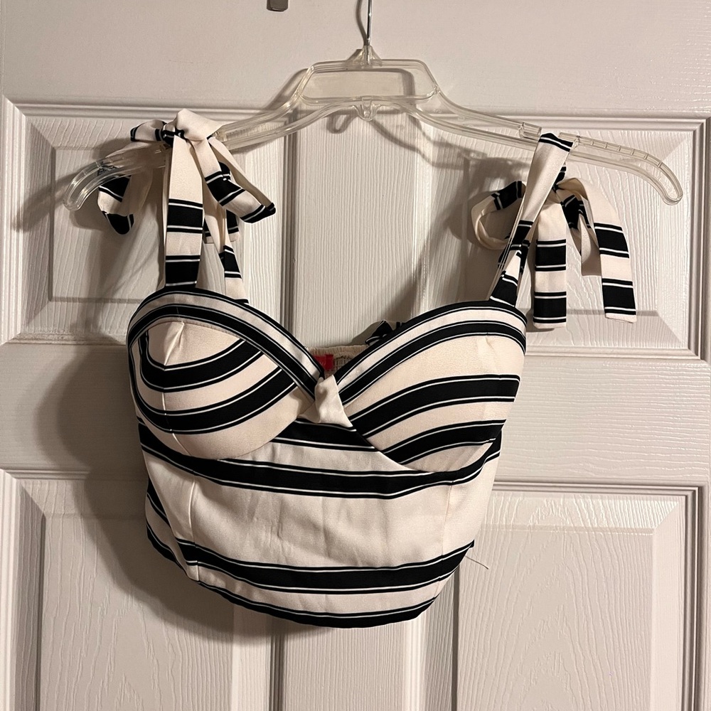 Striped Tie-Shoulder Bustier Top — Black & Cream